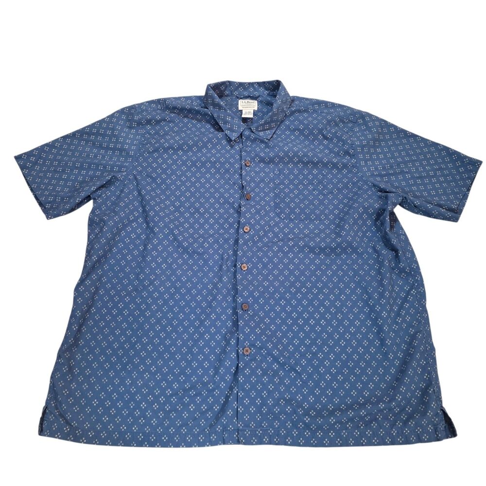 L.L. Bean Shirt Mens XXL Blue Geometric Diamond Print Cotton Short Sleeve Button